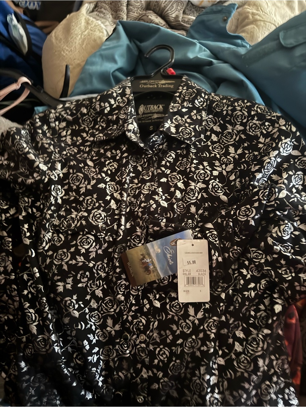 Women’s Western Show Shirt Black Silver Roses Outback S Small